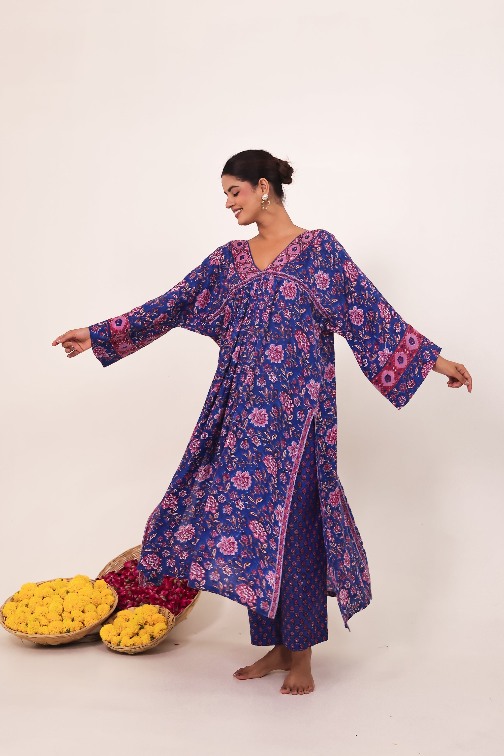 Royal Blue Hand-Block Printed Viscose Muslin Kurta Set
