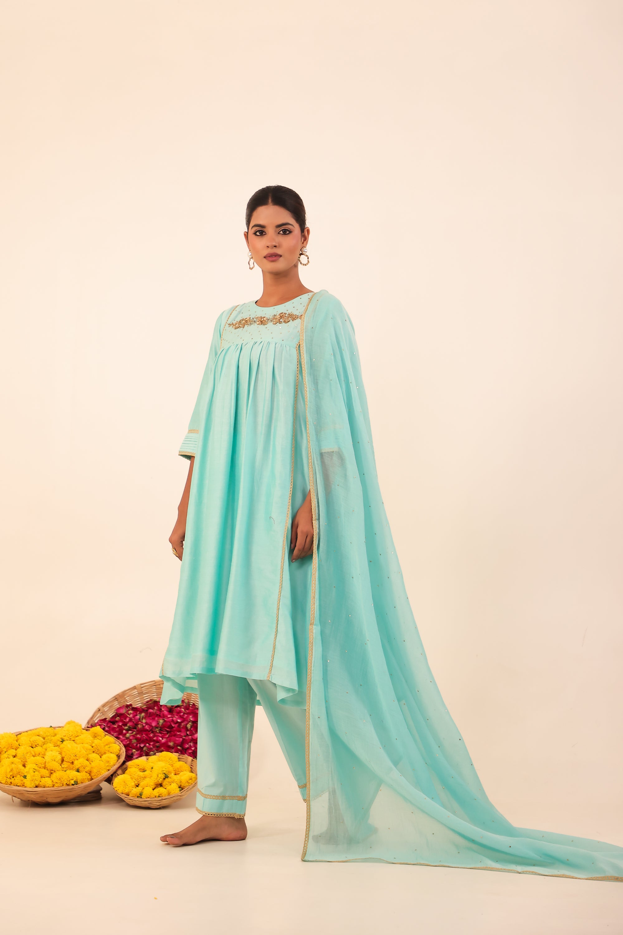 Sky Blue Hand- Embroidery Chanderi Suit Set