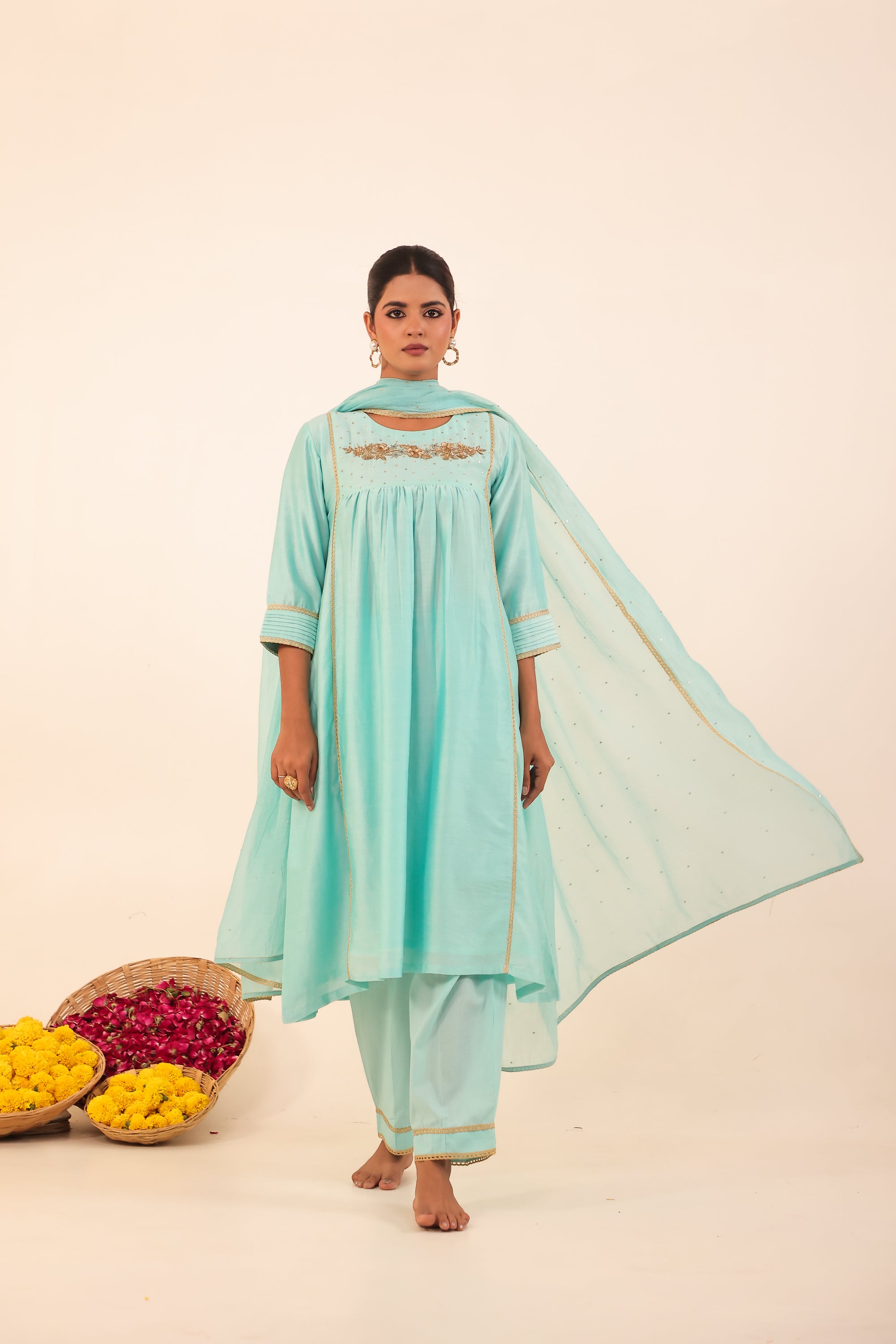 Sky Blue Hand- Embroidery Chanderi Suit Set