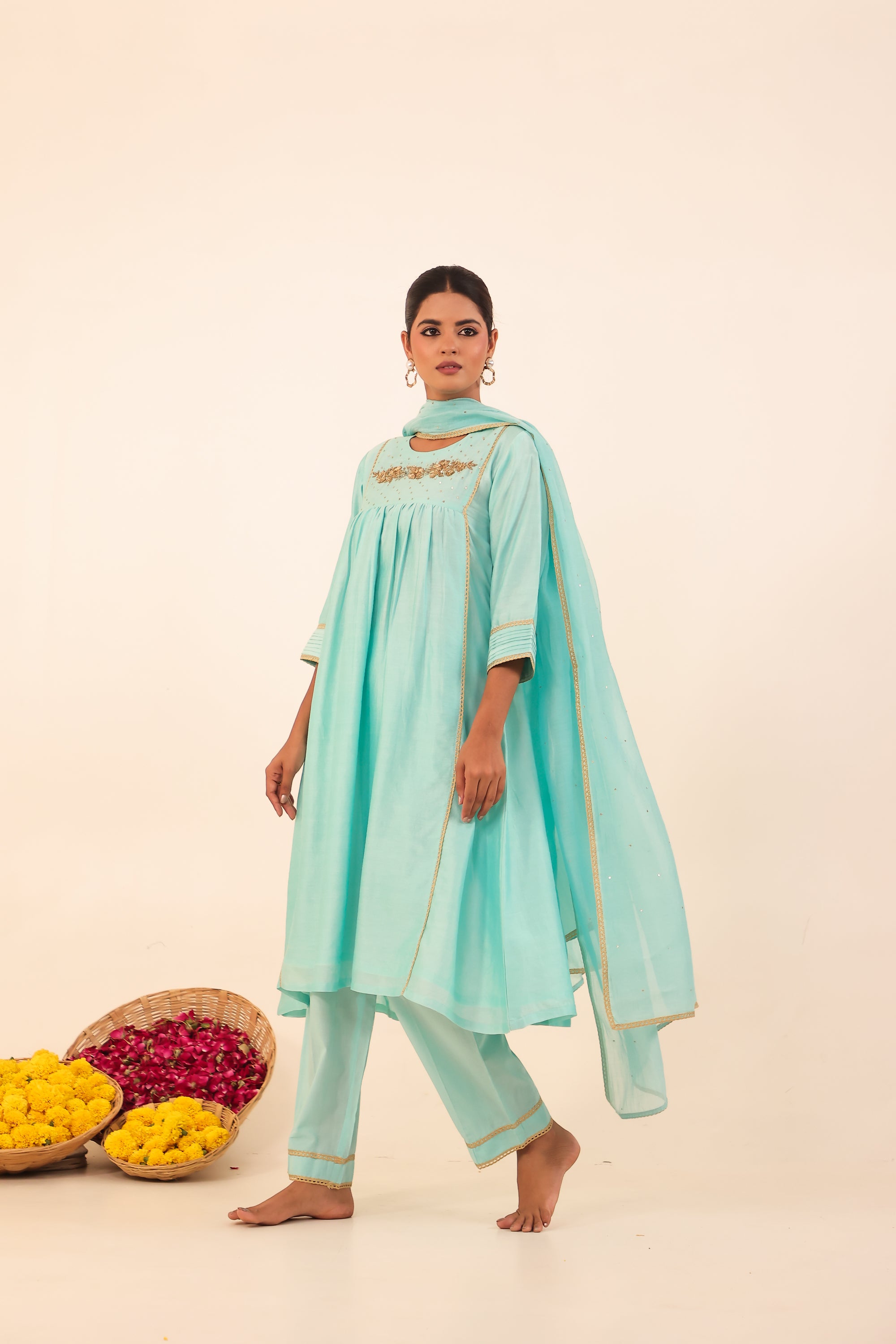 Sky Blue Hand- Embroidery Chanderi Suit Set