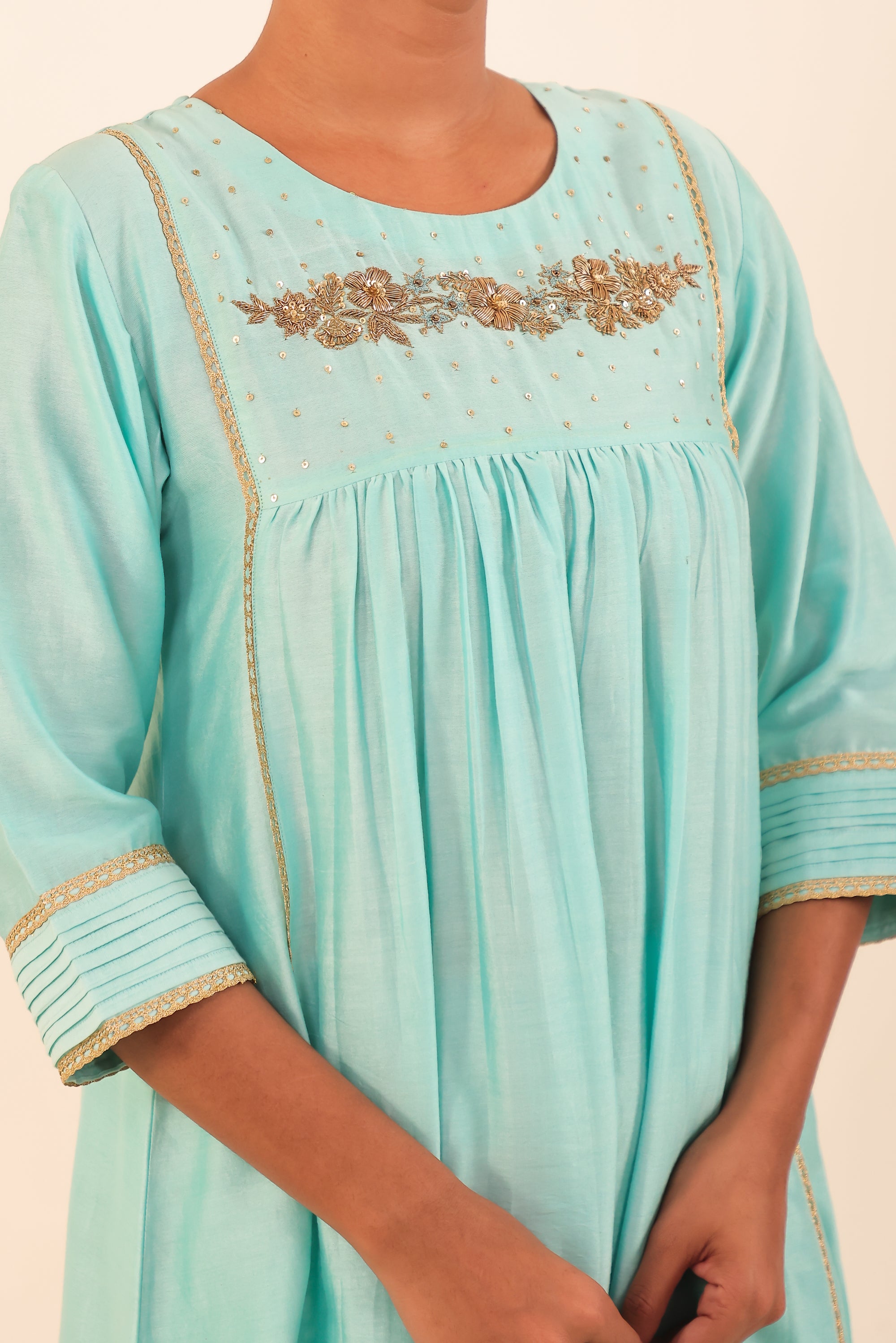Sky Blue Hand- Embroidery Chanderi Suit Set