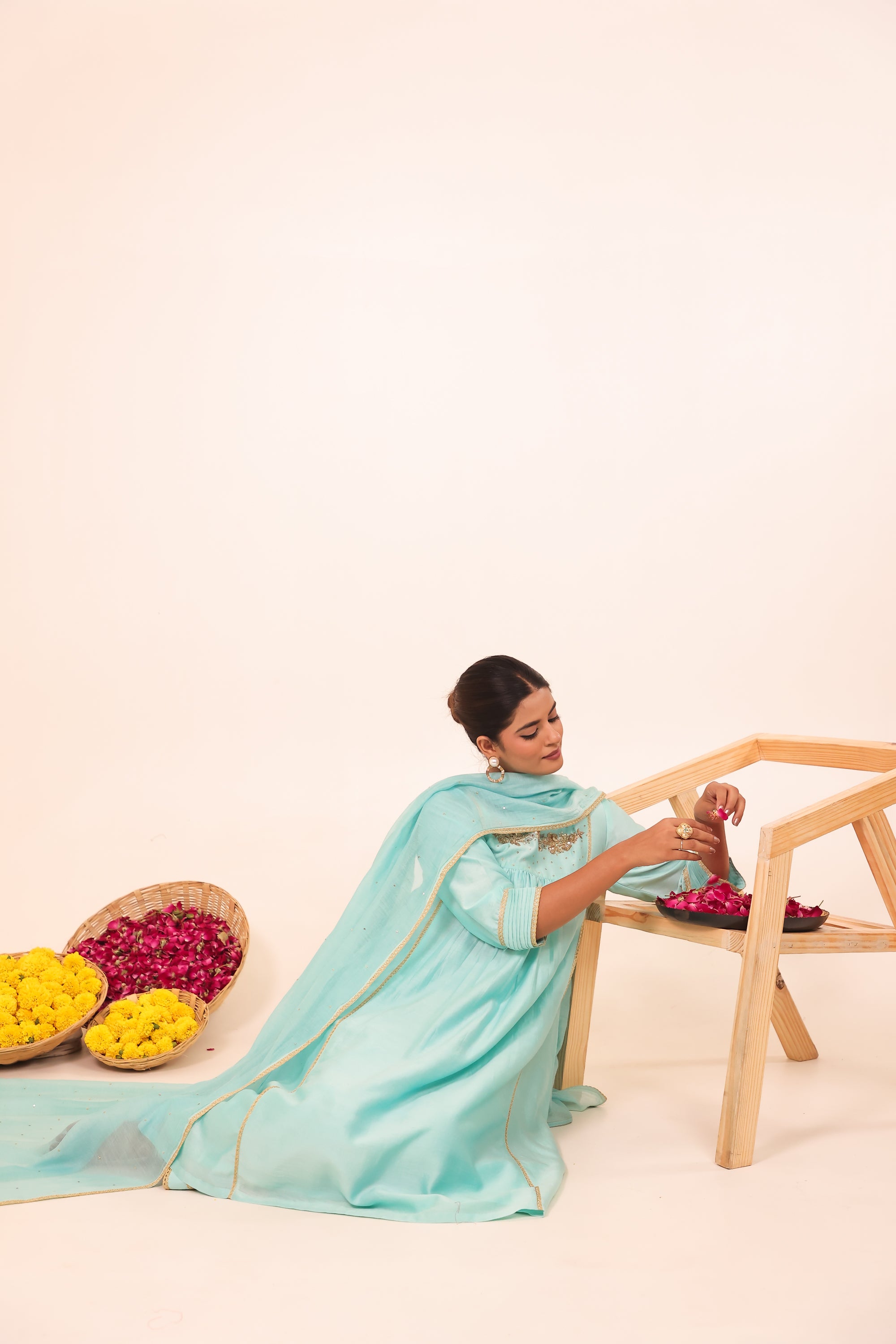 Sky Blue Hand- Embroidery Chanderi Suit Set
