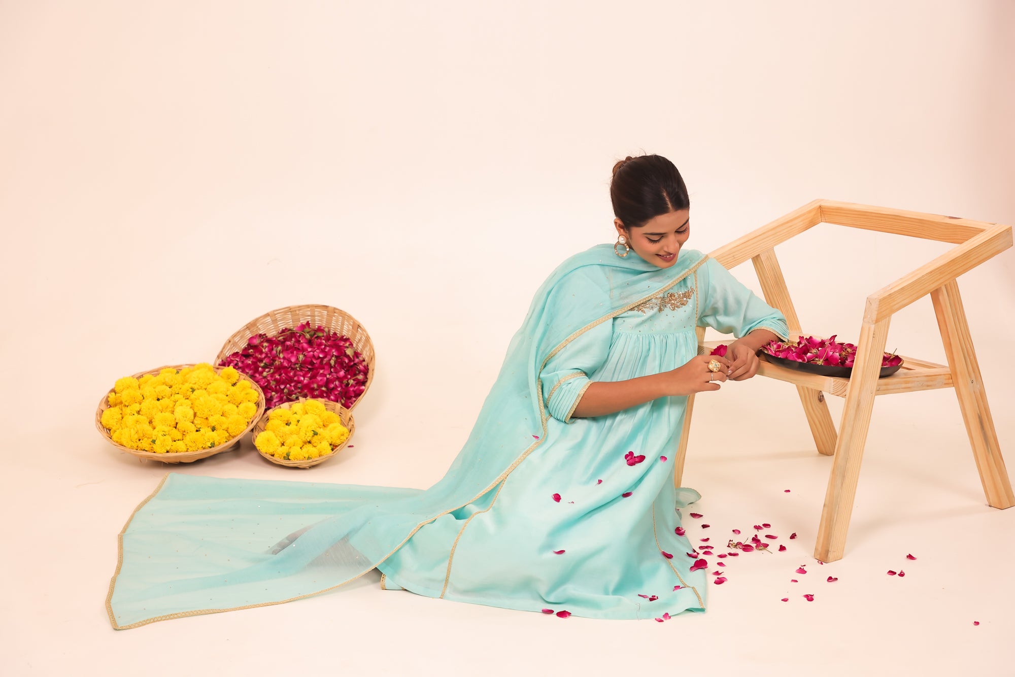 Sky Blue Hand- Embroidery Chanderi Suit Set
