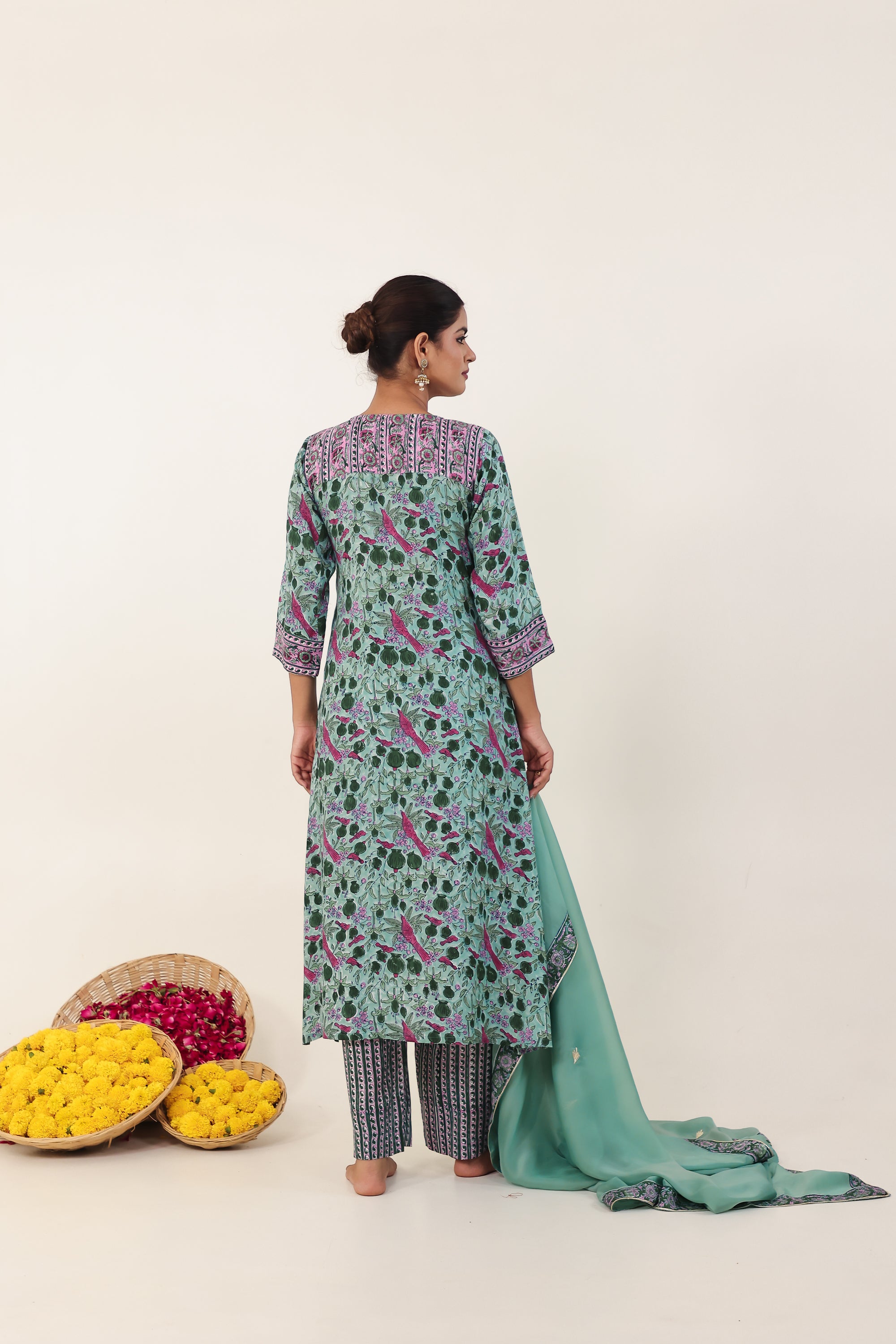 Sea Green Hand- Block Viscose Muslin Suit Set