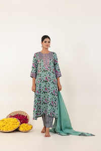 Sea Green Hand- Block Viscose Muslin Suit Set