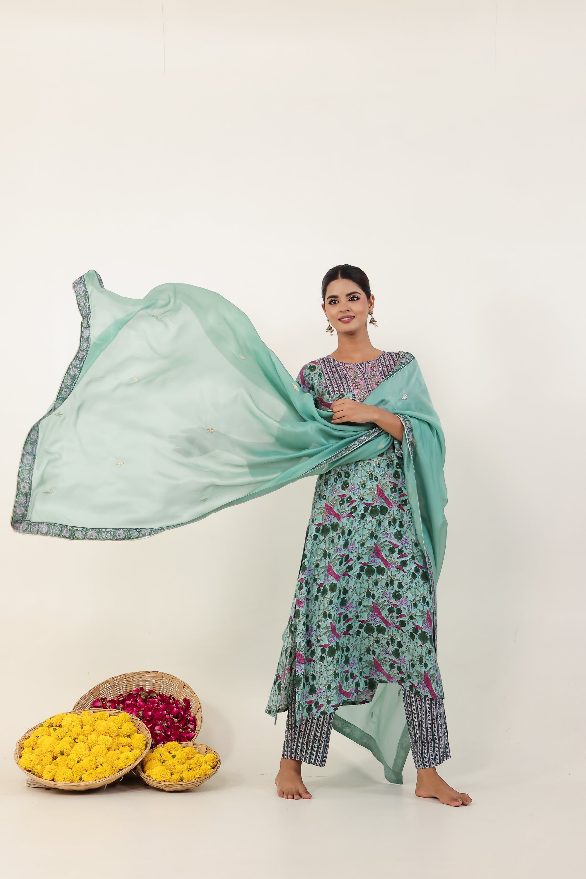 Sea Green Hand- Block Viscose Muslin Suit Set