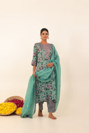 Sea Green Hand- Block Viscose Muslin Suit Set
