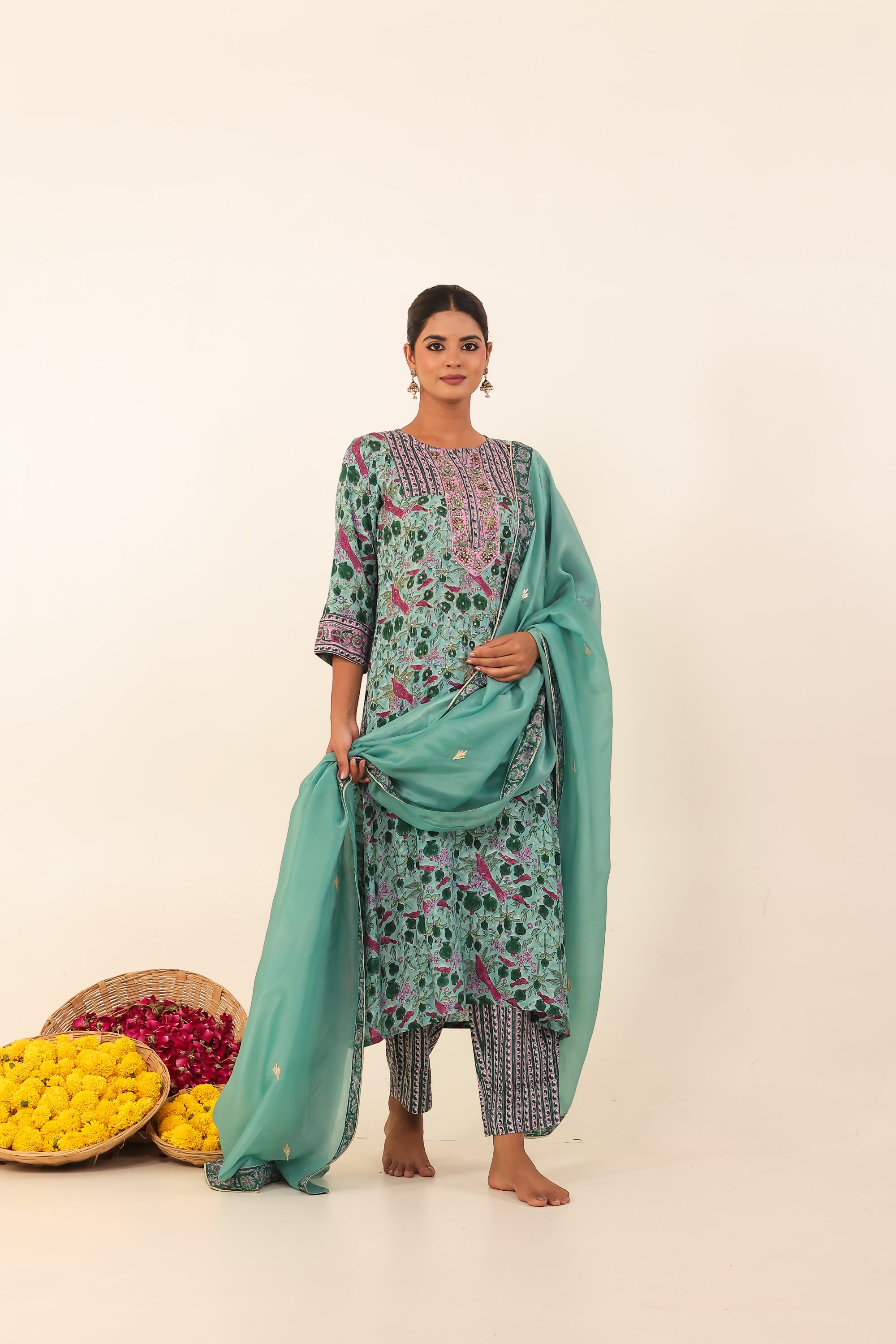 Sea Green Hand- Block Viscose Muslin Suit Set