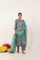 Sea Green Hand- Block Viscose Muslin Suit Set