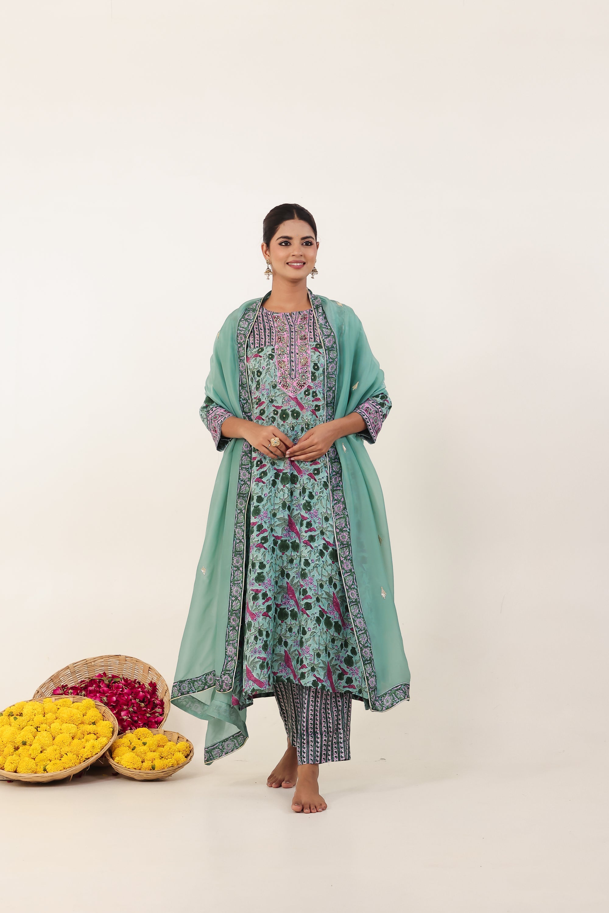 Sea Green Hand- Block Viscose Muslin Suit Set