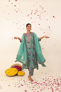 Sea Green Hand- Block Viscose Muslin Suit Set
