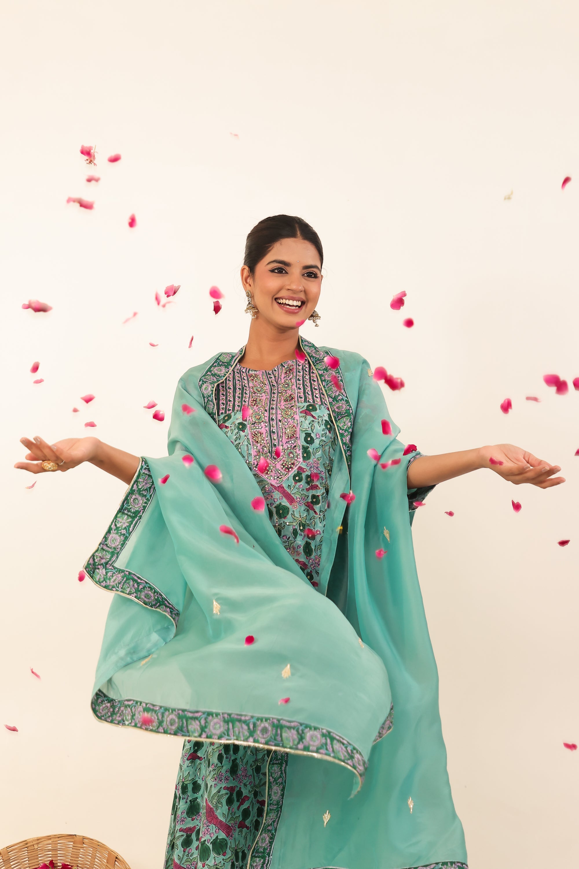 Sea Green Hand- Block Viscose Muslin Suit Set