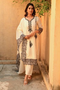 Off White Embroidered Cotton Suit- Set of 3