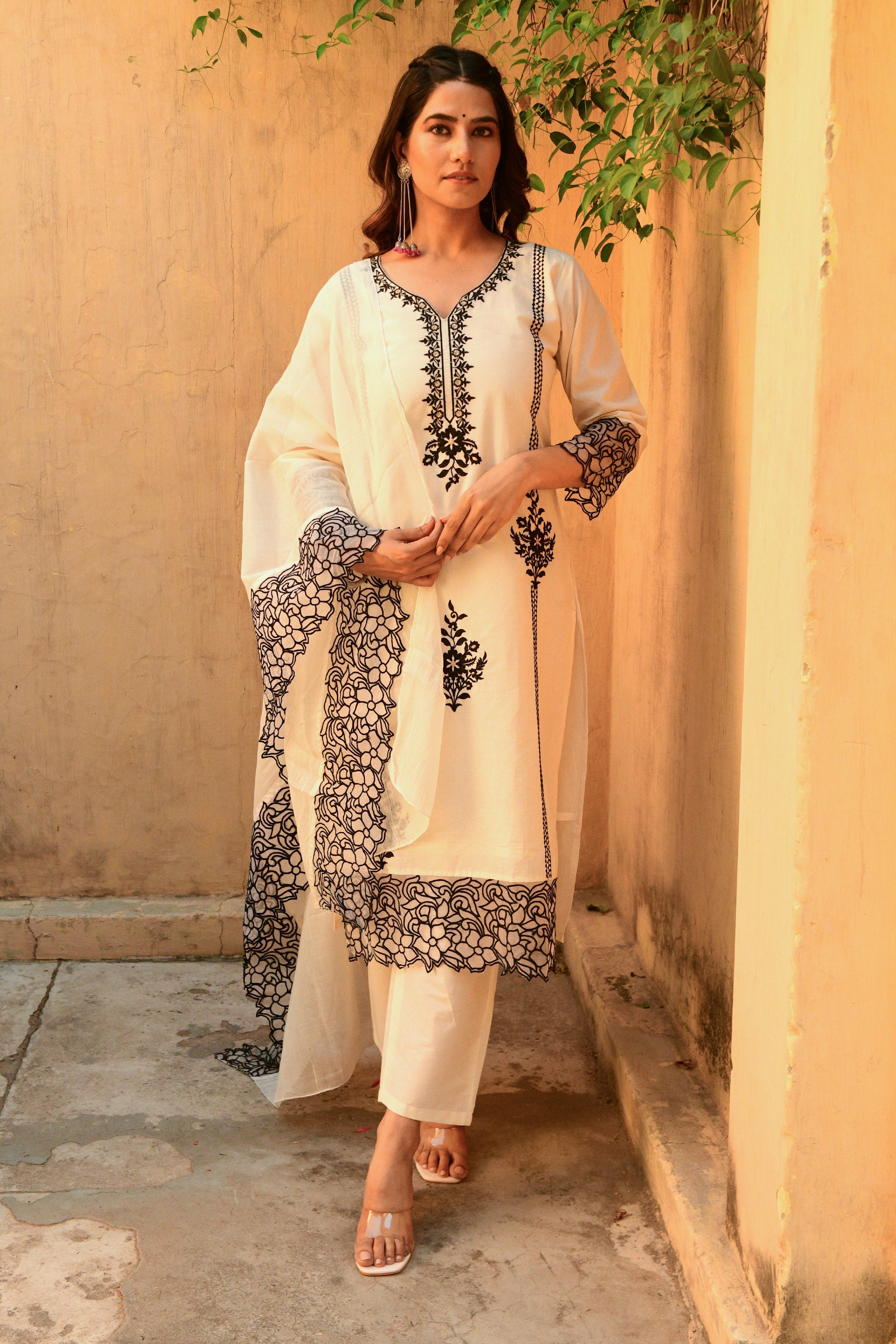 Off White Embroidered Cotton Suit- Set of 3