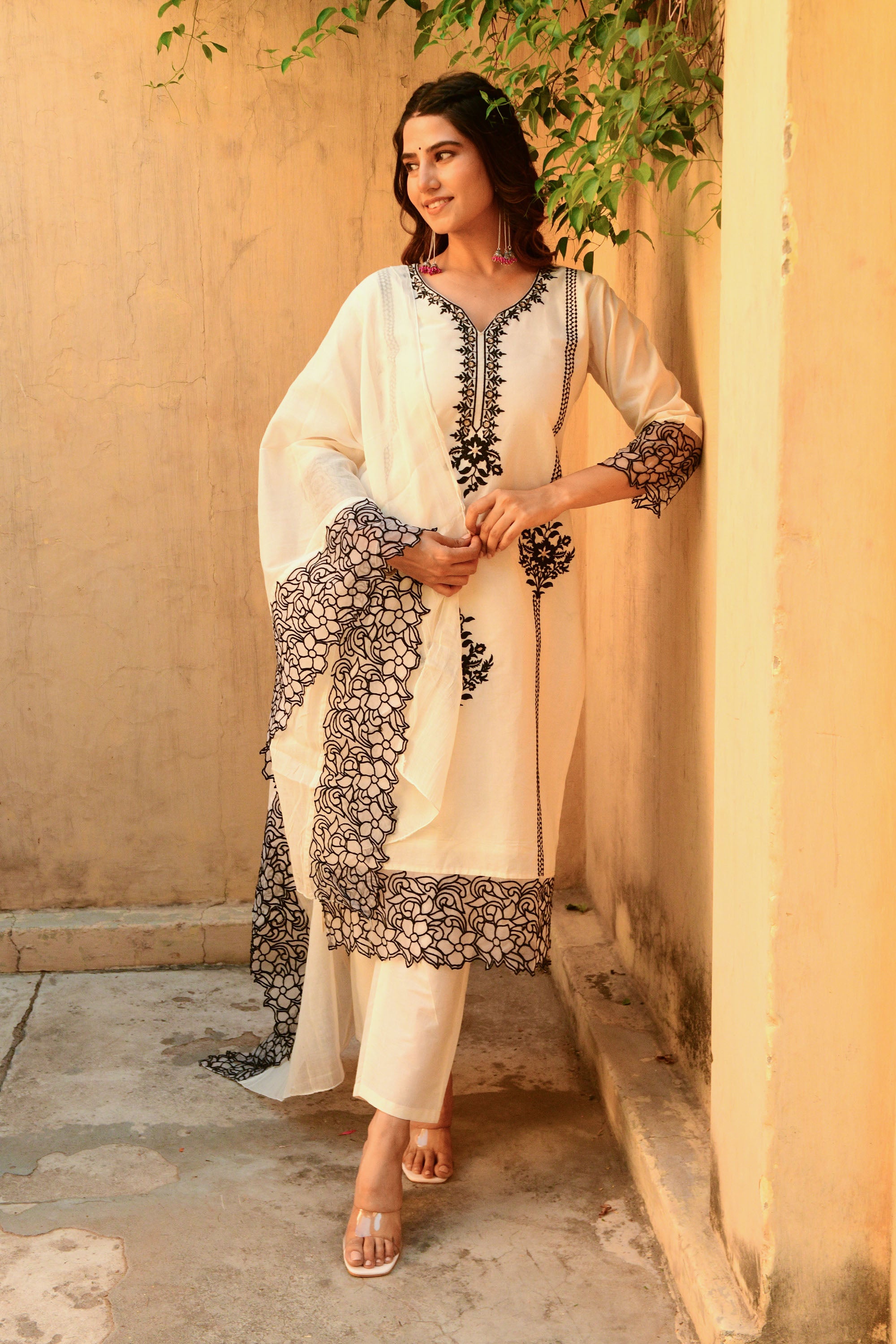 Off White Embroidered Cotton Suit- Set of 3