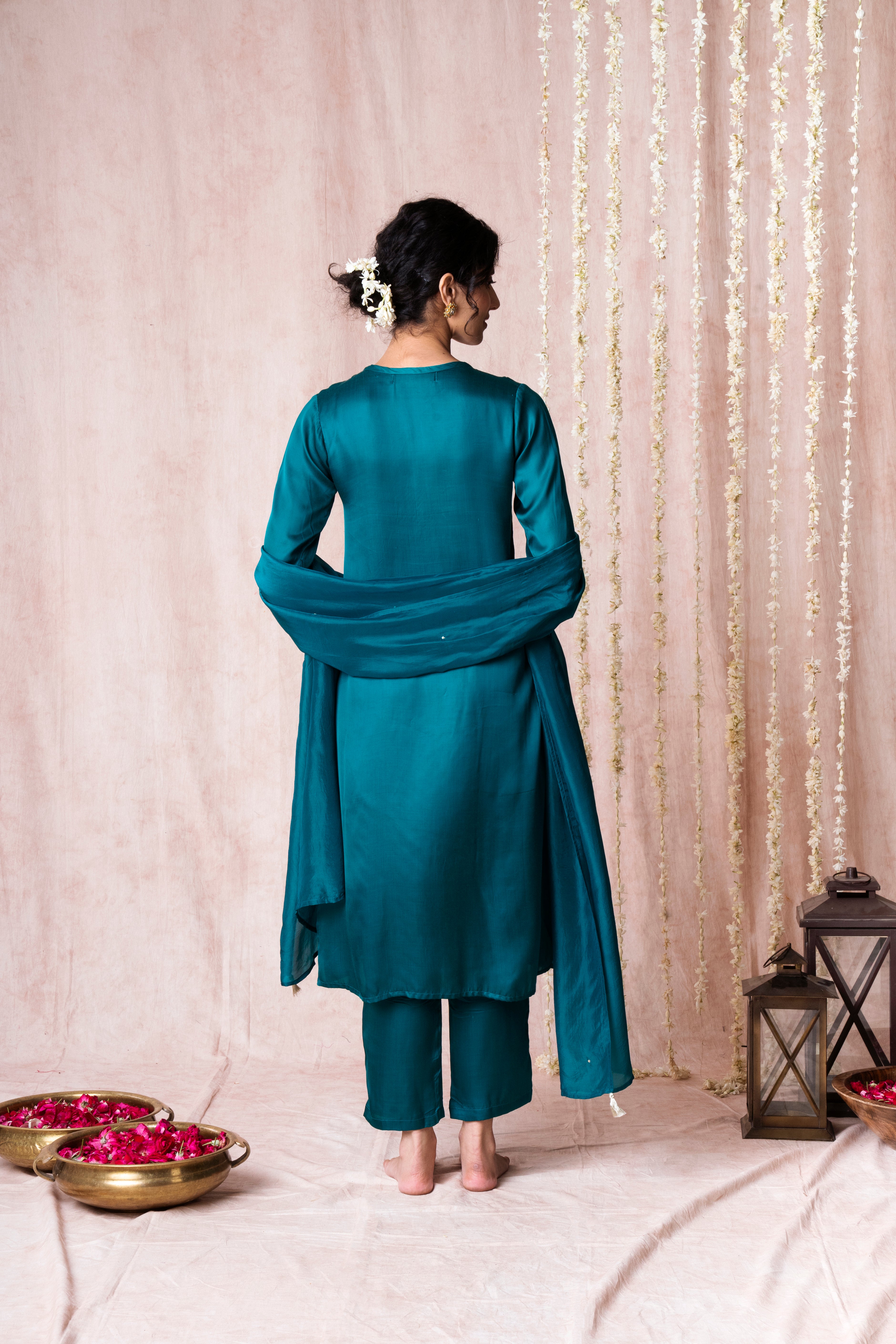 Bhargavi Dark Sea Green Modal Satin Suit Set