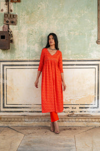 Orange Bandhej Printed Cotton Kurta with Pants - Set of 2