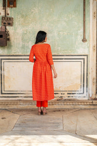 Orange Bandhej Printed Cotton Kurta with Pants - Set of 2