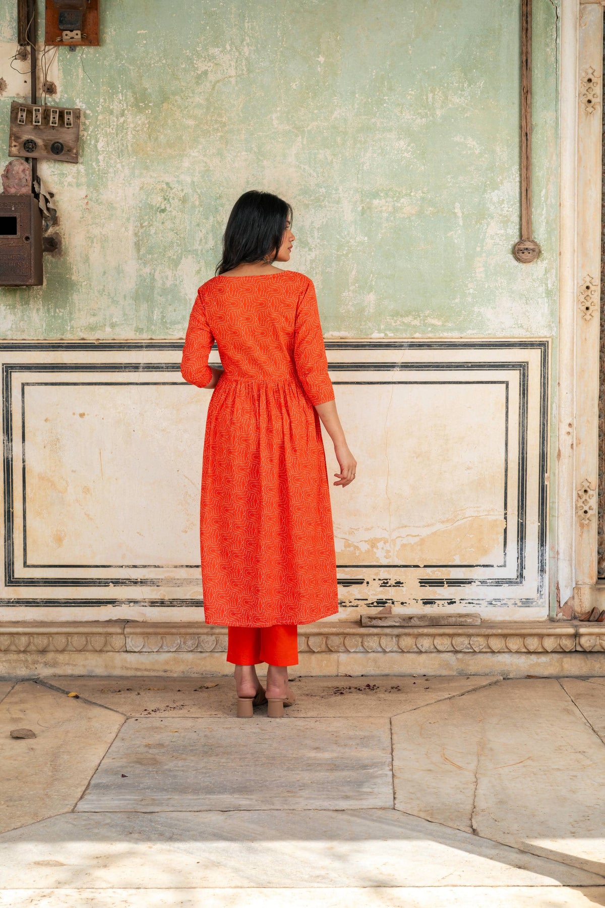 Orange Bandhej Printed Cotton Kurta with Pants - Set of 2