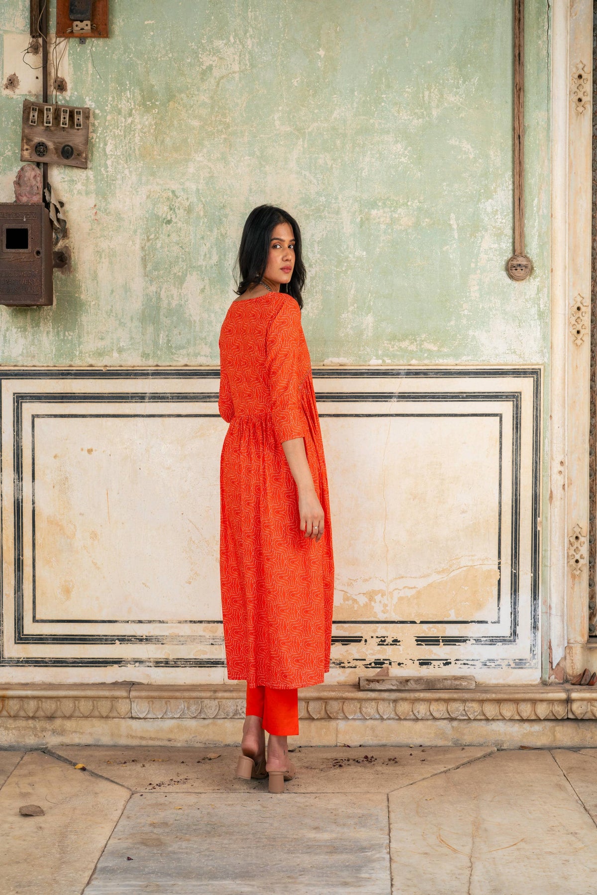 Orange Bandhej Printed Cotton Kurta with Pants - Set of 2