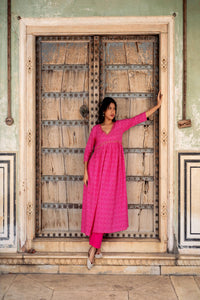Pink Bandhej Printed Cotton Kurta with Pants - Set of 2