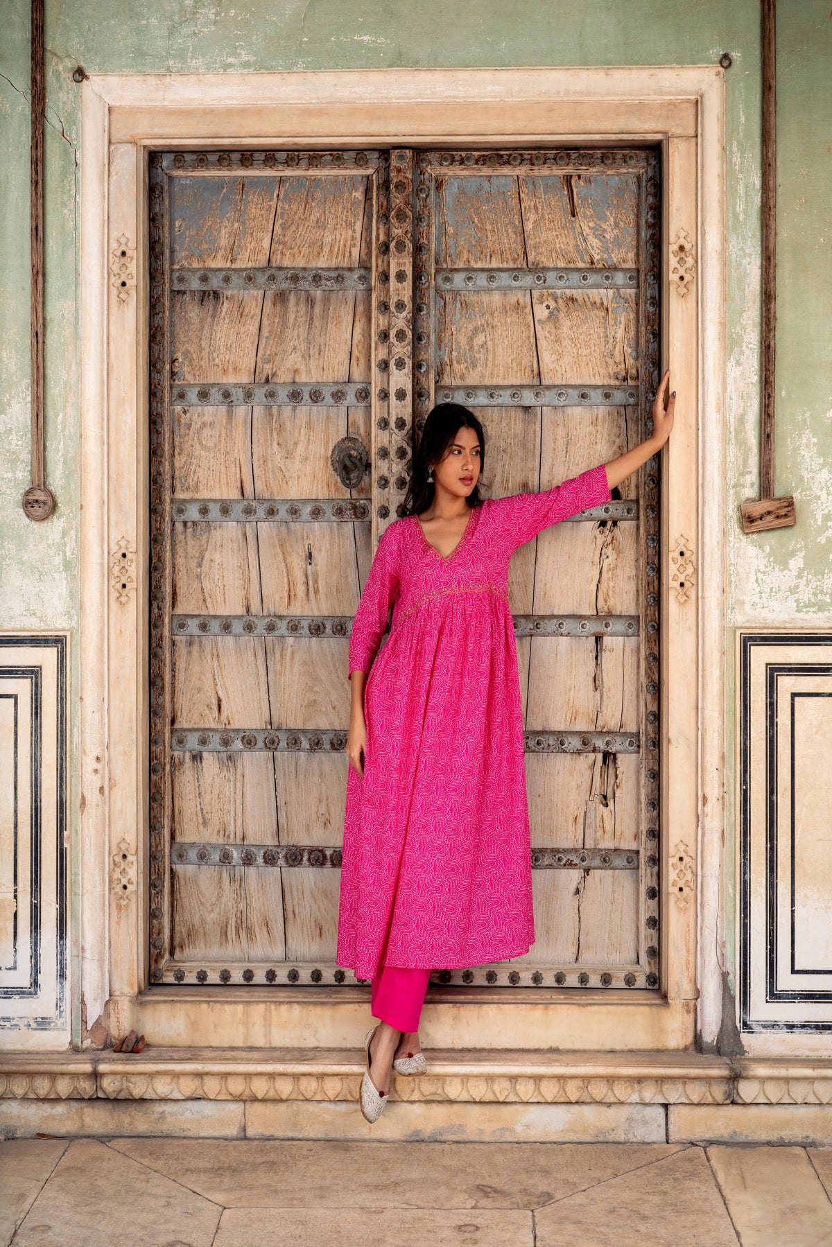 Pink Bandhej Printed Cotton Kurta with Pants - Set of 2