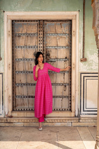 Pink Bandhej Printed Cotton Kurta with Pants - Set of 2