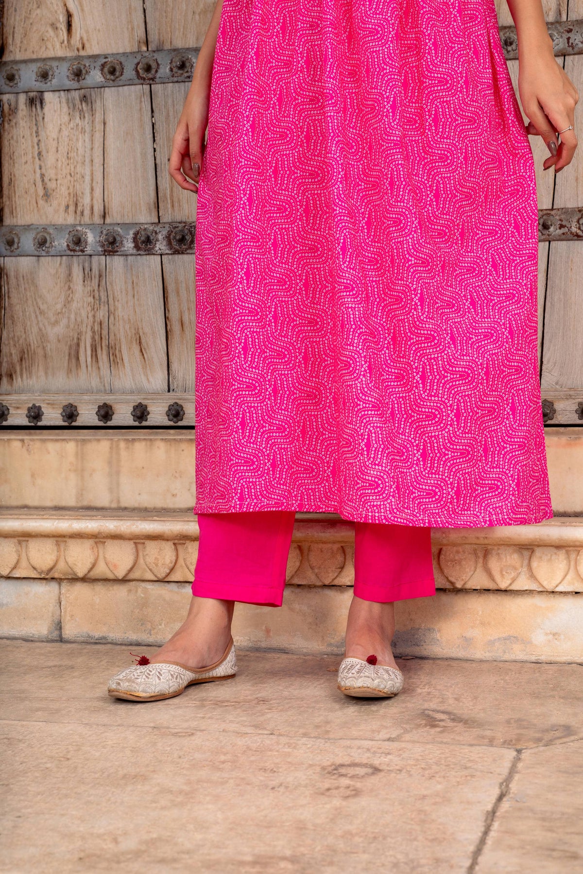 Pink Bandhej Printed Cotton Kurta with Pants - Set of 2