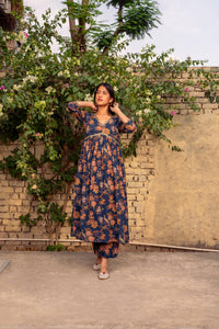 Blue Printed Cotton Kurta with Pants - Set of 2