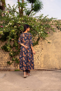 Blue Printed Cotton Kurta with Pants - Set of 2