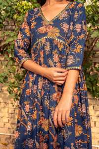 Blue Printed Cotton Kurta with Pants - Set of 2
