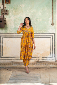 Yellow Printed Cotton Kurta with Pants - Set of 2