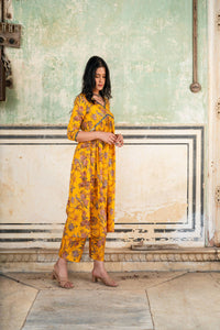 Yellow Printed Cotton Kurta with Pants - Set of 2