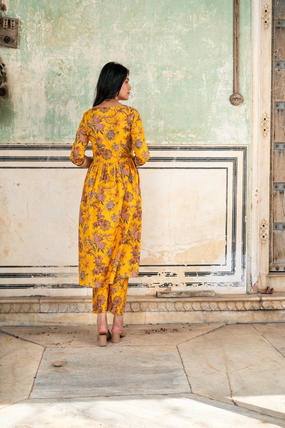 Yellow Printed Cotton Kurta with Pants - Set of 2