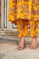 Yellow Printed Cotton Kurta with Pants - Set of 2