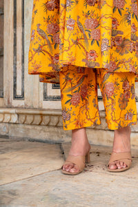 Yellow Printed Cotton Kurta with Pants - Set of 2