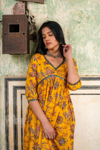 Yellow Printed Cotton Kurta with Pants - Set of 2