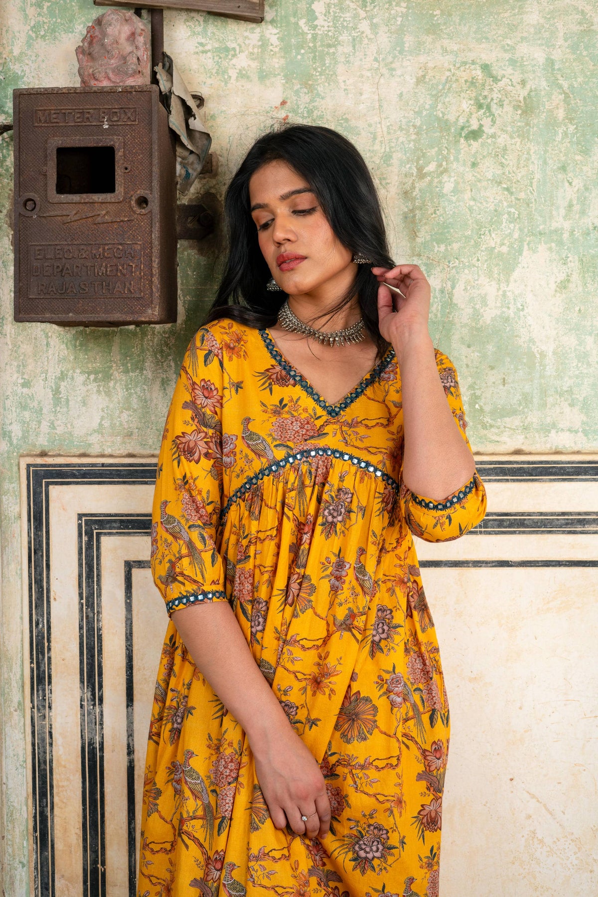 Yellow Printed Cotton Kurta with Pants - Set of 2