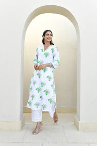 Sage Floral Handblock Cotton Kurta Set