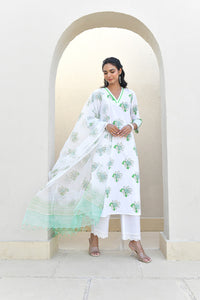 Sage Floral Handblock Cotton Kurta Set