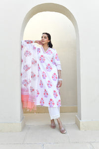 Fuchsia Bloom Handblock Cotton Kurta Set