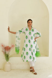 Green Boota Handblock Cotton Kurta Set