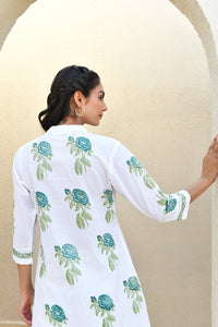 Blue Blossom Handblock Cotton Kurta Set