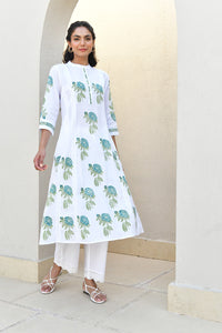 Blue Blossom Handblock Cotton Kurta Set