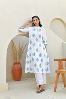 Teal Floral Handblock Cotton Kurta Set