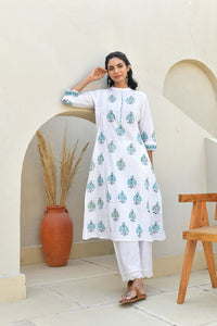 Teal Floral Handblock Cotton Kurta Set