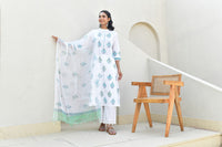 Teal Floral Handblock Cotton Kurta Set
