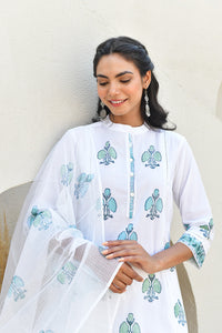Teal Floral Handblock Cotton Kurta Set