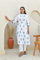 Teal Floral Handblock Cotton Kurta Set
