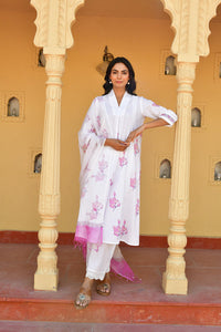 Lavendar Grey Handblock Cotton Kurta Set